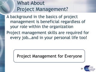 What About  Project Management? A background in the basics of project management is beneficial regardless of your role within the organization Project management skills are required for every job…and in your personal life too! Project Management for Everyone 