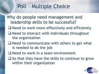 Poll – Multiple Choice Why do people need management and leadership skills to be successful? Need to work more effectively and efficiently Need to interact with individuals throughout the organization Need to communicate with others to get what is needed to do the job Need to work in a team environment So that they have the skills to continue to grow within their organization 