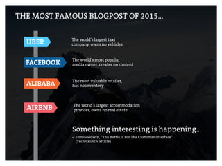 THE MOST FAMOUS BLOGPOST OF 2015…
Something interesting is happening…
– Tom Goodwin, “The Battle Is For The Customer Interface”  
(Tech Crunch article)
The most valuable retailer,
has no inventoryALIBABA
The world’s most popular
media owner, creates no contentFACEBOOK
The world’s largest accommodation
provider, owns no real estateAIRBNB
The world’s largest taxi
company, owns no vehiclesUBER
 