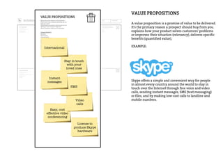 DESIGNED FOR: DESIGNED BY: DATE: ITERATION:
Who are our Key Partners?
Who are our key suppliers?
Which Key Resources are we acquairing from partners?
Which Key Activities do partners perform?
MOTIVATIONS FOR PARTNERSHIPS
Optimization and economy
Reduction of risk and uncertainty
Acquisition of particular resources and activities
What Key Activities do our Value Propositions require?
Our Distribution Channels?
Customer Relationships?
Revenue streams?
CATEGORIES
Production
Problem Solving
Platform/Network
For what value are our customers really willing to pay?
For what do they currently pay?
How are they currently paying?
How would they prefer to pay?
How much does each Revenue Stream contribute to overall revenues?
TYPES
Asset sale
Usage fee
Subscription Fees
Lending/Renting/Leasing
Licensing
Brokerage fees
Advertising
FIXED PRICING
List Price
Product feature dependent
Customer segment
dependent
Volume dependent
DYNAMIC PRICING
Negotiation (bargaining)
Yield Management
Real-time-Market
What are the most important costs inherent in our business model?
Which Key Resources are most expensive?
Which Key Activities are most expensive?
IS YOUR BUSINESS MORE
Cost Driven (leanest cost structure, low price value proposition, maximum automation, extensive outsourcing)
Value Driven (focused on value creation, premium value proposition)
SAMPLE CHARACTERISTICS
Fixed Costs (salaries, rents, utilities)
Variable costs
Economies of scale
Economies of scope
What Key Resources do our Value Propositions require?
Our Distribution Channels? Customer Relationships?
Revenue Streams?
TYPES OF RESOURCES
Physical
Intellectual (brand patents, copyrights, data)
Human
Financial
Through which Channels do our Customer Segments
want to be reached?
How are we reaching them now?
How are our Channels integrated?
Which ones work best?
Which ones are most cost-efficient?
How are we integrating them with customer routines?
CHANNEL PHASES
Awareness
How do we raise awareness about our company’s products and services?
Evaluation
How do we help customers evaluate our organization’s Value Proposition?
Purchase
How do we allow customers to purchase specific products and services?
Delivery
How do we deliver a Value Proposition to customers?
After sales
How do we provide post-purchase customer support?
For whom are we creating value?
Who are our most important customers?
Mass Market
Niche Market
Segmented
Diversified
Multi-sided Platform
What value do we deliver to the customer?
Which one of our customer’s problems are we
helping to solve?
What bundles of products and services are we
offering to each Customer Segment?
Which customer needs are we satisfying?
CHARACTERISTICS
Newness
Performance
Customization
“Getting the Job Done”
Design
Brand/Status
Price
Cost Reduction
Risk Reduction
Accessibility
Convenience/Usability
What type of relationship does each of our
Customer Segments expect us to establish
and maintain with them?
Which ones have we established?
How are they integrated with the rest of our
business model?
How costly are they?
EXAMPLES
Personal assistance
Dedicated Personal Assistance
Self-Service
Automated Services
Communities
Co-creation
VALUE PROPOSITIONS
A value proposition is a promise of value to be delivered.
It's the primary reason a prospect should buy from you.
explains how your product solves customers' problems
or improves their situation (relevancy), delivers specific
benefits (quantified value),
EXAMPLE:
What value do we deliver to the customer?
Which one of our customer’s problems are we
helping to solve?
What bundles of products and services are we
offering to each Customer Segment?
Which customer needs are we satisfying?
CHARACTERISTICS
Newness
Performance
Customization
“Getting the Job Done”
Design
Brand/Status
Price
Cost Reduction
Risk Reduction
Accessibility
Convenience/Usability
Skype offers a simple and convenient way for people
in almost every country around the world to stay in
touch over the Internet through free voice and video
calls, sending instant messages, SMS (text messaging)
or files, and by making low-cost calls to landline and
mobile numbers.
Stay in touch
with your
loved ones
Easy, cost
effective video
conferencing
Video
calls
International
SMS
Instant
messages
License to
produce Skype
hardware
 