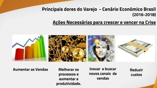 Reduzir
custos
Aumentar as Vendas Melhorar os
processos e
aumentar a
produtividade.
Inovar e buscar
novos canais de
vendas
Principais dores do Varejo - Cenário Econômico Brasil
(2016-2018)
Ações Necessárias para crescer e vencer na Crise
 