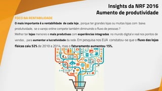 FOCO NA RENTABILIDADE
O mais importante é a rentabilidade de cada loja , porque ter grandes lojas ou muitas lojas com baixa
produtividade, se o varejo online compete também diminuindo o fluxo de pessoas ?
Melhor ter lojas menores e mais produtivas com experiências integradas no mundo digital e real nos pontos de
vendas , para aumentar a lucratividade da rede. Em pesquisa nos EUA constatou-se que o fluxo das lojas
físicas caiu 52% de 2010 a 2014, mas o faturamento aumentou 15%.
Insights da NRF 2016
Aumento de produtividade
 