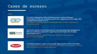 Cases de sucesso
Varejo
A CorpFlex implementou toda a infraestrutura em nuvem privada para
hospedagem do ERP, que contempla, suporte 24×7, segurança da informação. SETA
conseguiu descomplicar a sua TI.
Outro ponto importante é que as unidades passaram a acessar a aplicação de
forma segura e ágil.
A CorpFlex cuida de toda infraestrutura em nuvem privada para hospedagem do
ERP, que contempla, suporte 24×7, segurança da informação. SBS conseguiu
descomplicar a sua TI.
As unidades passaram a acessar a aplicação de forma segura e ágil com
gerenciamento 7x24x365.
A CorpFlex implantou e opera a comunicação segura entre a matriz e as 65 filiais.
Com a solução SAS CorpFlex , foi reduzido o custo de telecomunicações em torno de
30 % comparados com os custos tradicionais .
 