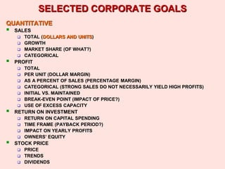 SELECTED CORPORATE GOALS
QUANTITATIVE
 SALES
 TOTAL (DOLLARS AND UNITS)
 GROWTH
 MARKET SHARE (OF WHAT?)
 CATEGORICAL
 PROFIT
 TOTAL
 PER UNIT (DOLLAR MARGIN)
 AS A PERCENT OF SALES (PERCENTAGE MARGIN)
 CATEGORICAL (STRONG SALES DO NOT NECESSARILY YIELD HIGH PROFITS)
 INITIAL VS. MAINTAINED
 BREAK-EVEN POINT (IMPACT OF PRICE?)
 USE OF EXCESS CAPACITY
 RETURN ON INVESTMENT
 RETURN ON CAPITAL SPENDING
 TIME FRAME (PAYBACK PERIOD?)
 IMPACT ON YEARLY PROFITS
 OWNERS’ EQUITY
 STOCK PRICE
 PRICE
 TRENDS
 DIVIDENDS
 