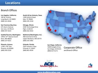Locations
Branch Offices
Los Angeles, California      Austin & San Antonio, Texas
189 W. Victoria              1300 Goforth Road
Long Beach, CA 90805         Kyle, TX 78640
(800) 321-8104               (866) 295-3150

San Francisco Bay Area       Chicago, Illinois
675 Quinn Avenue             2585 Technology Drive
San Jose, CA 95112           Elgin, IL 60124
(800) 937-4223               (800) 262-2632

Seattle/Tacoma, Washington   Baltimore/Washington, D.C.
19931 72nd Avenue South      400 Commerce Drive
Kent, WA 98032               Upper Marlboro, MD 20774
(800) 227-0221               (800) 543-3981

Phoenix, Arizona             Orlando, Florida               San Diego, California
1740 S. 40th Ave             2507 Investor’s Row            5608 Eastgate Drive
Phoenix, AZ 85009            Orlando, FL 32837              San Diego, CA 92121
                                                                                    Corporate Office
(800) 950-2220               (800) 861-8334                 (800) 617-6171          and Branch Office




                                                   www.AceRelocation.com
 