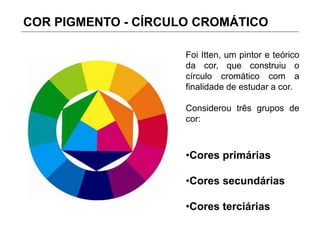 COR PIGMENTO - CÍRCULO CROMÁTICO
Foi Itten, um pintor e teórico
da cor, que construiu o
círculo cromático com a
finalidade de estudar a cor.
Considerou três grupos de
cor:
•Cores primárias
•Cores secundárias
•Cores terciárias
 