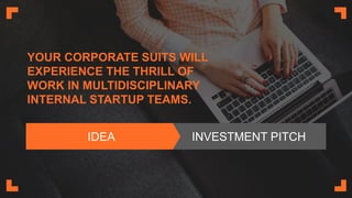 YOUR CORPORATE SUITS WILL
EXPERIENCE THE THRILL OF
WORK IN MULTIDISCIPLINARY
INTERNAL STARTUP TEAMS.
INVESTMENT PITCHIDEA
 