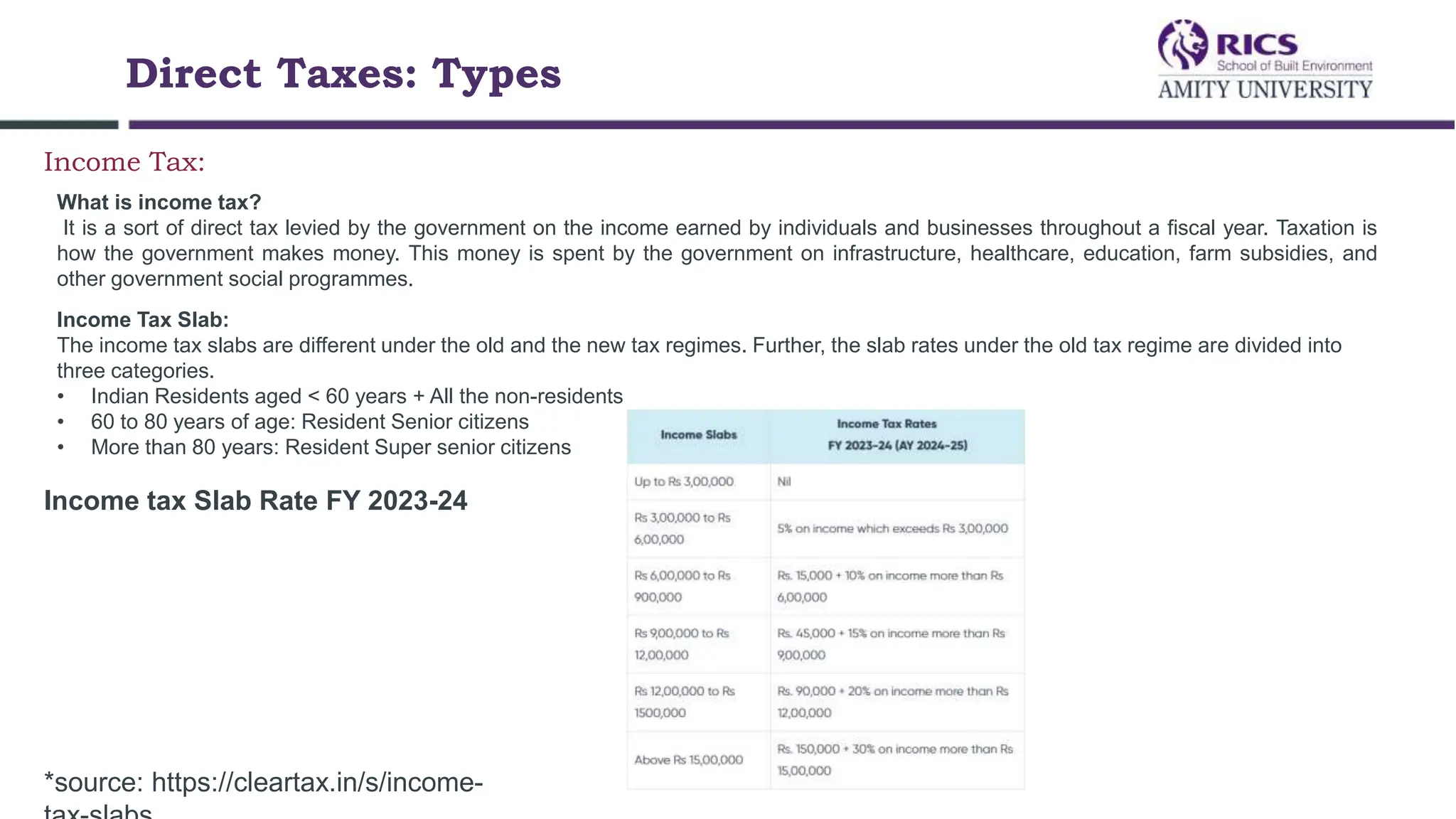 Direct Taxes: Types
Income Tax:
What is income tax?
It is a sort of direct tax levied by the government on the income earned by individuals and businesses throughout a fiscal year. Taxation is
how the government makes money. This money is spent by the government on infrastructure, healthcare, education, farm subsidies, and
other government social programmes.
Income Tax Slab:
The income tax slabs are different under the old and the new tax regimes. Further, the slab rates under the old tax regime are divided into
three categories.
• Indian Residents aged < 60 years + All the non-residents
• 60 to 80 years of age: Resident Senior citizens
• More than 80 years: Resident Super senior citizens
Income tax Slab Rate FY 2023-24
*source: https://cleartax.in/s/income-
 