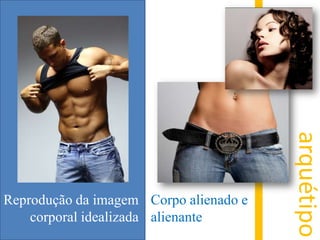 Como mercadoria, precisa apelar, precisa estar em sintonia e atento a milhares de parafernálias e receitas para “cuidá- lo”indivíduo como Produto da cultura, da política e da economiacontemplaçãode uma subjetividade que se acredita estampada nas aparênciasSilva Jr. et al (2007) A Moda na Carne Viva: imagem, corpo e consumo: aproximações teóricas - XV CONBRACE / II CONICE