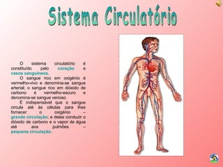 Sistema Circulatório O sistema circulatório é constituído pelo  coração  e  vasos sanguíneos . O sangue rico em oxigénio é vermelho-vivo e denomina-se sangue arterial; o sangue rico em dióxido de carbono é vermelho-escuro e denomina-se sangue venoso. É indispensável que o sangue circule até às células para lhes fornecer o oxigénio –  grande circulação ; e delas conduzir o dióxido de carbono e o vapor de água até aos pulmões –  pequena circulação . 