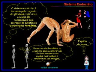 Sistema Endócrino Explica de novo. O sistema endócrino é formado pelo conjunto de glândulas endócrinas, as quais são responsáveis pela secreção de substância denominadas  hormônios .  O controle dos hormônios no organismo pode equilibrar não só o funcionamento dos órgãos, mas também a temperatura das emoções.  voltar ao menu 