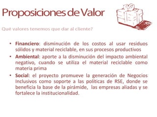 • Financiero: disminución de los costos al usar residuos
  sólidos y material reciclable, en sus procesos productivos
• Ambiental: aporte a la disminución del impacto ambiental
  negativo, cuando se utiliza el material reciclable como
  materia prima
• Social: el proyecto promueve la generación de Negocios
  Inclusivos como soporte a las políticas de RSE, donde se
  beneficia la base de la pirámide, las empresas aliadas y se
  fortalece la institucionalidad.
 