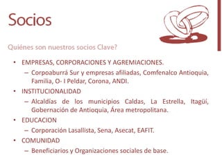 • EMPRESAS, CORPORACIONES Y AGREMIACIONES.
   – Corpoaburrá Sur y empresas afiliadas, Comfenalco Antioquia,
     Familia, O- I Peldar, Corona, ANDI.
• INSTITUCIONALIDAD
   – Alcaldías de los municipios Caldas, La Estrella, Itagüí,
     Gobernación de Antioquia, Área metropolitana.
• EDUCACION
   – Corporación Lasallista, Sena, Asecat, EAFIT.
• COMUNIDAD
   – Beneficiarios y Organizaciones sociales de base.
 