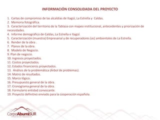 INFORMACIÓN CONSOLIDADA DEL PROYECTO

1. Cartas de compromiso de las alcaldías de Itagüí, La Estrella y Caldas.
2. Memoria fotográfica.
3. Caracterización del territorio de la Tablaza con mapeo institucional, antecedentes y priorización de
necesidades.
4. Informe demográfico de Caldas, La Estrella e Itagüí.
5. Caracterización (muestra) Empresarial y de recuperadores (as) ambientales de La Estrella.
6. Render de la obra .
7. Planos de la obra.
8. Modelo de Negocio.
9. Plan de negocio.
10. Ingresos proyectados.
11. Costos proyectados.
12. Estados financieros proyectados.
13. Análisis de la problemática (Árbol de problemas).
14. Matriz de resultados.
15. Marco lógico.
16. Presupuesto general de la obra.
17. Cronograma general de la obra.
18. Formulario entidad convocante.
19. Proyecto definitivo enviado para la cooperación española.
 