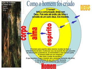 O homem pelo espírito (dele mesmo) recebia de Deus o
entendimento do bem. A alma por sua vez quando lhe era passadas
as informações acatando-as, as transmitiam a uma terceira parte.
O homem então era um maquina?
Não tinha o poder da escolha?
O que acontece é que o homem até o presente momento não tinha
o intendimento do que era o mal. Somente
a voz de Deus era conhecida pelo homem
Criação do homem
e sua ordem Gn 2.7
1. Corpo
2. Espírito
3. Alma
 