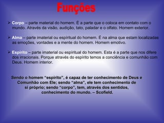 Funções Corpo  – parte material do homem. É a parte que o coloca em contato com o mundo. Através da visão, audição, tato, paladar e o olfato. Homem exterior. Alma  – parte imaterial ou espíritual do homem. É na alma que estam localizadas as emoções, vontades e a mente do homem. Homem emotivo. Espírito  – parte imaterial ou espíritual do homem. Esta é a parte que nos difere dos irracionais. Porque através do espírito temos a conciência e comunhão com Deus. Homem interior. Sendo o homem “espírito”, é capaz de ter conhecimento de Deus e  Comunhão com Ele; sendo “alma”, ele tem conhecimento de  si próprio; sendo “corpo”, tem, através dos sentidos,  conhecimento do mundo. – Scofield. 