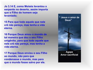Jo 3.14 E, como Moisés levantou a serpente no deserto, assim importa que o Filho do homem seja levantado; 15 Para que todo aquele que nele crê não pereça, mas tenha a vida eterna. 16 Porque Deus amou o mundo de tal maneira que deu o seu Filho unigênito, para que todo aquele que nele crê não pereça, mas tenha a vida eterna. 17 Porque Deus enviou o seu Filho ao mundo, não para que condenasse o mundo, mas para que o mundo fosse salvo por ele. “  Jesus o amor de Deus” Agape Amor sacrificial 