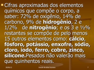  Cifras
       aproximadas dos elementos
 químicos que compõe o corpo, a
 saber: 72% de oxigênio, 14% de
 carbono, 9% de hidrogênio, 2 e
 1/2% de nitrogênio; e os 3 e ½%
 restantes se compõe de pelo menos
 15 outros elementos como: cálcio,
 fósforo, potássio, enxofre, sódio,
 cloro, iodo, ferro, cobre, zinco,
 silicone.Pesados não valerão mais
 que quinhentos reais.
  28/06/12    Estudo da alma humana   7
 