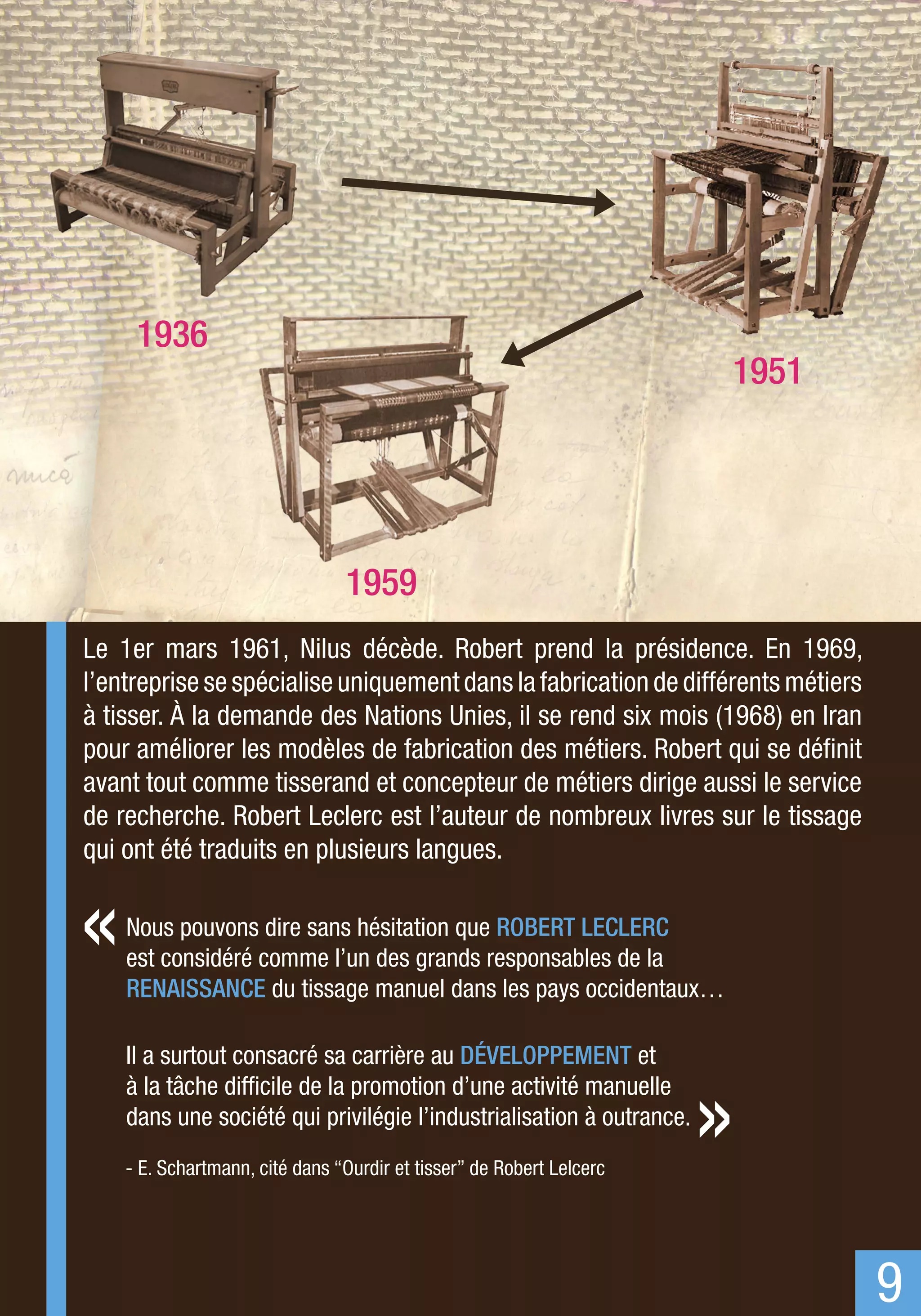 1936
                                                                      1951




                                1959
Le 1er mars 1961, Nilus décède. Robert prend la présidence. En 1969,
l’entreprise se spécialise uniquement dans la fabrication de différents métiers
à tisser. À la demande des Nations Unies, il se rend six mois (1968) en Iran
pour améliorer les modèles de fabrication des métiers. Robert qui se définit
avant tout comme tisserand et concepteur de métiers dirige aussi le service
de recherche. Robert Leclerc est l’auteur de nombreux livres sur le tissage
qui ont été traduits en plusieurs langues.


«   Nous pouvons dire sans hésitation que Robert Leclerc
    est considéré comme l’un des grands responsables de la
    renaissance du tissage manuel dans les pays occidentaux…

    Il a surtout consacré sa carrière au développement et


                                                                      »
    à la tâche difficile de la promotion d’une activité manuelle
    dans une société qui privilégie l’industrialisation à outrance.
    - E. Schartmann, cité dans “Ourdir et tisser” de Robert Lelcerc




                                                                                  9
 