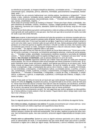 as referências ao passado, as imagens telepáticas obsoletas, as entidades astrais...’’ ‘’Introduzam uma
comunicação clara, compaixão, perícia, soberania, intimidade, posicionamento transpessoal, honesti-
dade, amor....’’
Vocês moram em um conjunto habitacional com vizinhos pobres, barulhentos e briguentos? ‘’ Girem
afastar o ódio, violência, entidades astrais, padrão de hostilidade, pobreza, conflito, desesperança,
tensões, karma de outras pessoas, desconsideração, medo....’’ Infundam harmonia, providência divina,
paz, clareza, amabilidade, respeito...’’
Vocês estão em processo intenso de mudança e limpeza? ‘’Girem para fazer afastar a densidade, ima-
gens obsoletas da realidade, conflito, resistência, cansaço, códigos genéticos obs oletos...’’ Infundam
paz, esperança, harmonia com o Espírito, abandono, Elohim da Graça e da Pureza, exija de mim o que
for preciso...’’
Peça às Forças Destruidoras que girem continuamente a rede em ambas as direcções. Essa rede conti-
nuará girando até vocês pedirem a ela que pare. Isso fará com que não se acumule em vocês e ao redor
de vocês o que está sendo liberado.

Redes para o carro: A desorientação resultante da fusão dos paralelos e os sintomas causados pela mu-
dança parecem aumentar quando as pessoas estão dirigindo. Muitas vezes elas nem sabem onde estão
ou para onde estão indo. É claro que isso pode ser perigoso. Sugerimos a vocês que protejam sempre o
carro com uma rede e que a renovam cada vez que saírem de casa. Muitas pessoas acham importante
pendurar um cristal de quartzo no espelho retrovisor e infundir as redes no cristal. Ele funciona como
um lembrete para renovar as redes. Coloquem simplesmente a mão em volta do cristal e digam: ‘’Re-
nove as redes. ‘’ Eis algumas sugestões sobre o que pedir:
Coloquem uma rede circular em volta do carro e peçam às Forças Destruidoras que ‘’Girem para a afas-
tar de vocês a confusão, a frustração, as influências astrológicas adversas, o karma de outras pessoas,
etc...’’ ‘’Infundam lucidez, serenidade, funcionamento mecânico excelente e uma bolha de realidade
estável...’’ Vocês também podem pedir às Legiões de Miguel que os ‘’conduzam com seus raios’’ ao seu
destino. Não infundam invisibilidade!, pois as pessoas bateriam no carro de vocês.
Redes no local de trabalho: Queremos salientar que a Rede Tripla não pode ser usada para manipular
outras pessoas. Ela cria um ambiente onde certas energias são menos acessíveis e outras mais. Se al-
guém realmente quiser causar sofrimento, poderá; terá apenas que esforçar-se um pouco mais. Vocês
estão criando um espaço para melhores possibilidades. No local de trabalho de vocês: ‘’Girem para
afastar a competição, o ego, a manipulação dos outros e de si mesmo, o sigilo, o padrão de inimizade,
os mal-entendidos, o desrespeito, o individualismo radical, as entidades astrais, o conflito, a frustra-
ção, a insatisfação, o medo, a pobreza, a traição, o ressentimento, as imagens telepáticas obsoletas, a
impaciência...’’ ‘’Infundam a honestidade, a integridade, a clareza de visão, a realização, a compe-
tência, a soberania, a perícia, a cooperação, a paciência, a Unificação dos Chakras, a alegria, a har-
monia, o humor...,etc.’’

A Rede Tripla pode ser feita em torno de um local sem que vocês estejam fisicamente nele. Procurem
fazê-la em volta do shopping, do palácio da justiça, do supermercado ou do correio, antes de irem para
lá. Talvez fosse divertido colocar e manter essa rede em volta do Congresso, da Casa Branca, do Pentá-
gono e de outros endereços de poder público. Lembrem-se de que ela não pode ser usada para manipu-
lar os outros; ela apenas torna determinadas energias mais ou menos acessíveis.
Essa é uma técnica extremamente versátil. Por isso sugerimos que vocês a apliquem na vida quotidia-
na. A forma esférica é muito estável e fácil de manter. Fiquem dentro dela o tempo todo e será mais
fácil viver o Paraíso na Terra.

Dores de Cabeça

Essa é a segunda queixa mais comum provocada pela mudança. Nós a dividimos da seguinte forma.

Dor crónica na cabeça, no pescoço e nos ombros: É causada provavelmente por cristais etéricos – remo-
vam-nos! Procurem um médico espiritual com experiência nessa técnica.

Expansão do crânio: Se vocês estão notando inchaços, protuberâncias e pressões no crânio, provavel-
mente é porque o cérebro de vocês está aumentando. Com as mãos, separem as partes da caixa crani-
ana. Isso normalmente ajuda, mas caso contrário, procurem alguém especializado em terapia cranio-
sacral.

Pressão entre as sobrancelhas: Sentem-se como se alguém estivesse apertando com o dedo a região
entre as sobrancelhas de vocês. E é exactamente isso que vocês devem fazer para aliviar a pressão.
Pressionem a região com o dedo por algum tempo. Normalmente, o alívio é imediato. Isso ocorre em

                                                                                                     32
 