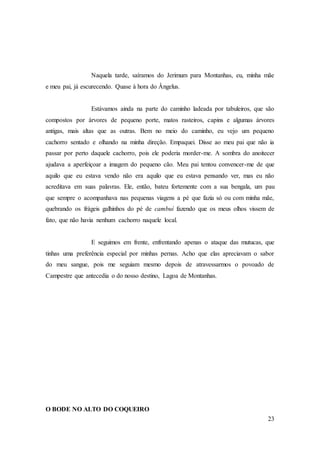 23
Naquela tarde, saíramos do Jerimum para Montanhas, eu, minha mãe
e meu pai, já escurecendo. Quase à hora do Ângelus.
Estávamos ainda na parte do caminho ladeada por tabuleiros, que são
compostos por árvores de pequeno porte, matos rasteiros, capins e algumas árvores
antigas, mais altas que as outras. Bem no meio do caminho, eu vejo um pequeno
cachorro sentado e olhando na minha direção. Empaquei. Disse ao meu pai que não ia
passar por perto daquele cachorro, pois ele poderia morder-me. A sombra do anoitecer
ajudava a aperfeiçoar a imagem do pequeno cão. Meu pai tentou convencer-me de que
aquilo que eu estava vendo não era aquilo que eu estava pensando ver, mas eu não
acreditava em suas palavras. Ele, então, bateu fortemente com a sua bengala, um pau
que sempre o acompanhava nas pequenas viagens a pé que fazia só ou com minha mãe,
quebrando os frágeis galhinhos do pé de cambuí fazendo que os meus olhos vissem de
fato, que não havia nenhum cachorro naquele local.
E seguimos em frente, enfrentando apenas o ataque das mutucas, que
tinhas uma preferência especial por minhas pernas. Acho que elas apreciavam o sabor
do meu sangue, pois me seguiam mesmo depois de atravessarmos o povoado de
Campestre que antecedia o do nosso destino, Lagoa de Montanhas.
O BODE NO ALTO DO COQUEIRO
 
