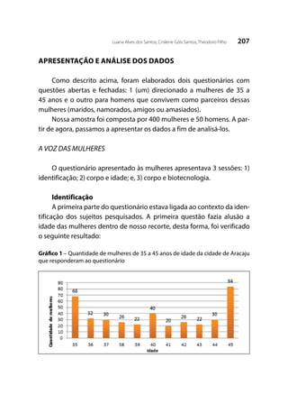 207Luana Alves dos Santos; Crislene Góis Santos; Theodoro Filho
APRESENTAÇÃO E ANÁLISE DOS DADOS
Como descrito acima, foram elaborados dois questionários com
questões abertas e fechadas: 1 (um) direcionado a mulheres de 35 a
45 anos e o outro para homens que convivem como parceiros dessas
mulheres (maridos, namorados, amigos ou amasiados).
Nossa amostra foi composta por 400 mulheres e 50 homens. A par-
tir de agora, passamos a apresentar os dados a fim de analisá-los.
A VOZ DAS MULHERES
O questionário apresentado às mulheres apresentava 3 sessões: 1)
identificação; 2) corpo e idade; e, 3) corpo e biotecnologia.
Identificação
A primeira parte do questionário estava ligada ao contexto da iden-
tificação dos sujeitos pesquisados. A primeira questão fazia alusão a
idade das mulheres dentro de nosso recorte, desta forma, foi verificado
o seguinte resultado:
Gráfico 1 – Quantidade de mulheres de 35 a 45 anos de idade da cidade de Aracaju
que responderam ao questionário
 