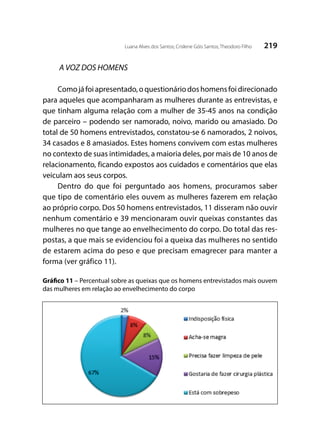 219Luana Alves dos Santos; Crislene Góis Santos; Theodoro Filho
A VOZ DOS HOMENS
Comojáfoiapresentado,oquestionáriodoshomensfoidirecionado
para aqueles que acompanharam as mulheres durante as entrevistas, e
que tinham alguma relação com a mulher de 35-45 anos na condição
de parceiro – podendo ser namorado, noivo, marido ou amasiado. Do
total de 50 homens entrevistados, constatou-se 6 namorados, 2 noivos,
34 casados e 8 amasiados. Estes homens convivem com estas mulheres
no contexto de suas intimidades, a maioria deles, por mais de 10 anos de
relacionamento, ficando expostos aos cuidados e comentários que elas
veiculam aos seus corpos.
Dentro do que foi perguntado aos homens, procuramos saber
que tipo de comentário eles ouvem as mulheres fazerem em relação
ao próprio corpo. Dos 50 homens entrevistados, 11 disseram não ouvir
nenhum comentário e 39 mencionaram ouvir queixas constantes das
mulheres no que tange ao envelhecimento do corpo. Do total das res-
postas, a que mais se evidenciou foi a queixa das mulheres no sentido
de estarem acima do peso e que precisam emagrecer para manter a
forma (ver gráfico 11).
Gráfico 11 – Percentual sobre as queixas que os homens entrevistados mais ouvem
das mulheres em relação ao envelhecimento do corpo
 