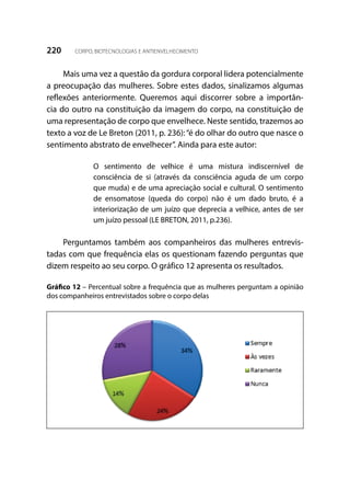 220 CORPO, BIOTECNOLOGIAS E ANTIENVELHECIMENTO
Mais uma vez a questão da gordura corporal lidera potencialmente
a preocupação das mulheres. Sobre estes dados, sinalizamos algumas
reflexões anteriormente. Queremos aqui discorrer sobre a importân-
cia do outro na constituição da imagem do corpo, na constituição de
uma representação de corpo que envelhece. Neste sentido, trazemos ao
texto a voz de Le Breton (2011, p. 236):“é do olhar do outro que nasce o
sentimento abstrato de envelhecer”. Ainda para este autor:
O sentimento de velhice é uma mistura indiscernível de
consciência de si (através da consciência aguda de um corpo
que muda) e de uma apreciação social e cultural. O sentimento
de ensomatose (queda do corpo) não é um dado bruto, é a
interiorização de um juízo que deprecia a velhice, antes de ser
um juízo pessoal (LE BRETON, 2011, p.236).
Perguntamos também aos companheiros das mulheres entrevis-
tadas com que frequência elas os questionam fazendo perguntas que
dizem respeito ao seu corpo. O gráfico 12 apresenta os resultados.
Gráfico 12 – Percentual sobre a frequência que as mulheres perguntam a opinião
dos companheiros entrevistados sobre o corpo delas
 
