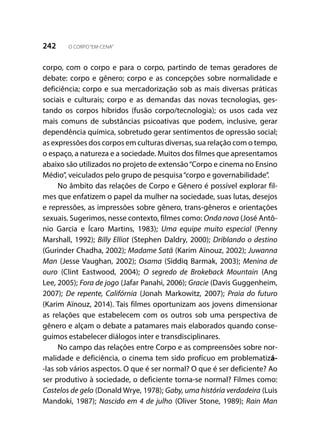 242 O CORPO“EM-CENA”
corpo, com o corpo e para o corpo, partindo de temas geradores de
debate: corpo e gênero; corpo e as concepções sobre normalidade e
deficiência; corpo e sua mercadorização sob as mais diversas práticas
sociais e culturais; corpo e as demandas das novas tecnologias, ges-
tando os corpos híbridos (fusão corpo/tecnologia); os usos cada vez
mais comuns de substâncias psicoativas que podem, inclusive, gerar
dependência química, sobretudo gerar sentimentos de opressão social;
as expressões dos corpos em culturas diversas, sua relação com o tempo,
o espaço, a natureza e a sociedade. Muitos dos filmes que apresentamos
abaixo são utilizados no projeto de extensão“Corpo e cinema no Ensino
Médio”, veiculados pelo grupo de pesquisa“corpo e governabilidade”.
No âmbito das relações de Corpo e Gênero é possível explorar fil-
mes que enfatizem o papel da mulher na sociedade, suas lutas, desejos
e repressões, as impressões sobre gênero, trans-gêneros e orientações
sexuais. Sugerimos, nesse contexto, filmes como: Onda nova (José Antô-
nio Garcia e Ícaro Martins, 1983); Uma equipe muito especial (Penny
Marshall, 1992); Billy Elliot (Stephen Daldry, 2000); Driblando o destino
(Gurinder Chadha, 2002); Madame Satã (Karim Aïnouz, 2002); Juwanna
Man (Jesse Vaughan, 2002); Osama (Siddiq Barmak, 2003); Menina de
ouro (Clint Eastwood, 2004); O segredo de Brokeback Mountain (Ang
Lee, 2005); Fora de jogo (Jafar Panahi, 2006); Gracie (Davis Guggenheim,
2007); De repente, Califórnia (Jonah Markowitz, 2007); Praia do futuro
(Karim Aïnouz, 2014). Tais filmes oportunizam aos jovens dimensionar
as relações que estabelecem com os outros sob uma perspectiva de
gênero e alçam o debate a patamares mais elaborados quando conse-
guimos estabelecer diálogos inter e transdisciplinares.
No campo das relações entre Corpo e as compreensões sobre nor-
malidade e deficiência, o cinema tem sido profícuo em problematizá-
-las sob vários aspectos. O que é ser normal? O que é ser deficiente? Ao
ser produtivo à sociedade, o deficiente torna-se normal? Filmes como:
Castelos de gelo (Donald Wrye, 1978); Gaby, uma história verdadeira (Luis
Mandoki, 1987); Nascido em 4 de julho (Oliver Stone, 1989); Rain Man
 