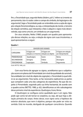 37João Filipe dos Santos; Evandro S. de M. Bomfim; Renato I. da Silva; Miguel A. García Bordas
fim, a Terceiridade que, segundo Netto (ibidem, p.61),“refere-se à mente ao
pensamento, isto é à razão: cobre o campo do símbolo, do legissigno e do
argumento”, logo a Terceiridade pode ser entendida como a ação do signo
pós-relação fenomenológica, ou seja, a interpretação da mente, o terceiro
da relação semiótica, que interpreta o fato e adquire o signo mais desen-
volvido, seja como uma lei, um símbolo ou um argumento.
Em seus estudos, Netto (1980) propôs um quadro para apresenta-
ção dessas relações, ou seja, a relação do signo com suas tricotomias, o
qual apresentamos a seguir:
Quadro 1
DIVISÃO DOS SIGNOS
CATEGORIA
O Signo em
relação a si mesmo
O Signo em
relação ao objeto
O Signo em relação
ao interpretante
PRIMEIRIDADE Qualissigno Ícone Rema
SECUNDIDADE Sinsigno Índice Dicissigno
TERCEIRIDADE Legissigno Símbolo Argumento
Fonte: NETTO, 1980, p 62.
Com essa forma de agrupar os signos, acreditamos que a subjetiva-
ção ocorre em planos de Primeiridade (em nível da qualidade do sensível),
Secundidade (em nível do objeto da cognição), e Terceiridade (a qual refe-
re-se ao argumento). Para tanto, se faz necessário explicarmos as partes
que compõem cada uma das categorias da experiência. No que diz res-
peito à Primeiridade, seguindo pela sua linha horizontal, de acordo com
o quadro acima (NETTO, 1980, p. 62), identificamos as três subcategorias
desse primeiro nível da experiência: Qualissigno, Ícone, Rema.
O Qualissigno se configura como qualidade que é um signo. Não
pode agir como tal até tornar-se corpóreo, ou seja, até que haja a afe-
tação primária do corpo. Antes desse, esse signo seria a hipótese do
exterior absoluto, que nem é objetivo, porque não pode ser visto ou
sentido. Está no mundo, desligado de qualquer consciência. Quando
 