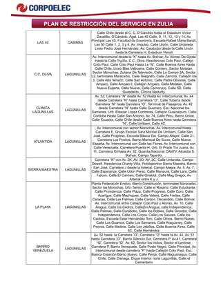PLAN DE RESTRICCIÓN DEL SERVICIO EN ZULIA 
LAS 40 CABIMAS 
Calle Chile desde el C. C. D’Cándido hasta el Estadium Víctor 
Davalillo, D’Cándido, Agel, Las 40 Calle, 9, 11, 12, 13 y 14, Av. 
Principal Las 40, Facultad de Economía, Escuela Rafael Maria Baralt, 
Las 50 Calle 1, 2, 3 y 4, Av. Impulso, Calle Unión, Calle Urdaneta, 
Liceo Pedro José Hernández, Av. Carabobo desde la Calle Unión 
hasta la Carretera H, Estadium Venoil 
C.C. OLIVA LAGUNILLAS 
Av. Intercomunal desde la “K” hasta Av. Bolívar, Av. Alonso De Ojeda 
Hasta la Calle Trujillo, C.C. Oliva, Residencias Coto Paul, Callejo 
Coto Paul, Calle Coto Paul Hasta La “N”, Calle Buenos Aires Hasta 
Calle Chile, Liceo Blas Valbuena, Calle Cordero, Sector Motatan, 
Sector Morochas, Zuliana De Televisión, Calle La Campo 5A, Sector 
L2, terminales Maracaibo, Calle Telégrafo, Calle Zamora, Callejón los 
3, Calle Alta Tensión, Calle San Antonio, Calle Padre Olivares, Calle 
Amparo, Calle Amparo I, Callejón Amparo, Calle Motatan, Calle 
Nueva Esparta, Calle Nueva, Calle Camoruco, Calle 5D, Calle 
Guasdalito, Clínica Nadurlly. 
CLINICA 
LAGUNILLAS LAGUNILLAS 
Av. 52, Carretera “N” desde Av. 52 Hasta Av. Intercomunal, Av. 44 
desde Carretera “N” hasta Carretera “O”, Calle Tubería desde 
Carretera “N” hasta Carretera “O”, Terminal de Pasajeros, Av. 42 
desde Carretera “N” hasta Calle Guerrero, Esc. Nacional los 
Samanes, Urb. Eleazar Lopez Contreras, Callejón Guaicaipuro, Calle 
Cordoba Hasta Calle San Antonio, Av. 74, Calle Peru, Barrio Union, 
Calle Ecuador, Calle Chile desde Calle Buenos Aires hasta Carretera 
“N”, Calle Urribarri, Calle 4C. 
ATLANTIDA LAGUNILLAS 
Av. Intercomunal con sector Morochas, Av. Intercomunal Hasta 
Carretera E, Grupo Escolar Sara Montiel De Urribarri, Calle San 
José, Calle Progreso, Escuela Básica Est. Campo Alegre, Calle 21, 
Carretera Los Positos, Barrio Mariscal De Sucre, Calle Nueva 
Esparta, Av. Intercomunal con Calle las Flores, Av. Intercomunal con 
Calle Venezuela, Carretera Puente H, Urb. El Prado Tía Juana, Av. 
11, Carretera G Hasta Av. 32, Guardia Nacional CANTV, Alcaldía S. 
Bolívar, Campo Taparito. 
SIERRA MAESTRA LAGUNILLAS 
Carretera “K” con Av. 2K, AV. 2D, AV. 2C, Calle Urdaneta, Campo 
Dowell, Residencia Chanty Villa, Polideportivo Sierra Maestra, Barrio 
San José, Carretera J desde la Arterial, Campo Alegre, Av. 5, Av. 7, 
Calle Esperanza, Calle Udon Perez, Calle Manaure, Calle Lara, Calle 
Falcon, Calle El Carmen, Calle Giraldot, Calle Mag Gregor, Av. 
Arterial entre K y J. 
LA PLAYA LAGUNILLAS 
Planta Federación Enelco, Barrio Constitución, terminales Maracaibo, 
Sector las Morochas, Urb. Senior, Calle el Rosario, Calle Estudiante, 
Calle Providencia, Calle Plaza, Calle Progreso, Calle Coro, Calle 
Acarigua, Calle Machiques, Calle Valera, Calle Freites, Calle 
Caracas, Calle Las Palmas, Calle Cardon, Decandido, Calle Bolívar, 
Av. Intercomunal entre Callejón Coto Paul y Alonso, Av. 10, Calle 
Aragua, Calle los Cedros, Callejón Aragua, calle Independencia, 
Calle Palmas, Calle Carabobo, Calle los Robles, Calle Girardot, Calle 
Independencia, Calle Los Cocos, Calle Los Sauces, Calle los 
Caobos, Escuela Ester Hernández Toro, Calle Olivos, Barrio Nuevo, 
Calle Los Guamos, Calle Los Samanes, Calle Araguaney, Calle 
Peonia, Calle Medina, Calle Los Jebillos, Calle Buenos Aires, Calle 
6C, Calle Hernández. 
BARRIO 
VENEZUELA LAGUNILLAS 
Av. 52 hasta la Carretera “O”, Carretera “O” hasta la Av. 44, Av. 51 
hasta Carretera “O”, Barrio Silencio Sur, Carretera P, Av.41, Carretera 
“Q”, Carretera “Q”, Av. 62, Sector los Indios, Sector el Larense, 
Carretera P, Barrio Venezuela, Calle Poste Negro, Calle Principal, Av. 
Intercomunal desde carretera “P” hasta Callejón Coto Paúl, Esc. 
Basica Creación Barrio Nuevo, Calle Perija, Calle Naguanagua, Calle 
Chile, Calle Cienaga, Dique Interior norte Lagunillas, Calle el 
Cementerio 
 