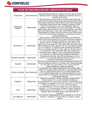 PLAN DE RESTRICCIÓN DEL SERVICIO EN ZULIA 
FUNDACION SAN FRANCISCO 
Conjunto Residencial Alto Cerro, Iglesia la Asunción, Barrio Amador 
Bendayán, Sector La Arreaga, Residencia Los Abuelos, Barrio La 
Asunción, Barrio Corito. 
VIRGEN DEL 
CARMEN MARACAIBO 
Barrio Virgen del Carmen, Barrio 23 de Marzo, Barrio Brisas del 
Norte, Barrio Indio Mara, Barrio Ajonjolí, Barrio Cardonal Norte, Barrio 
Caribe, Barrio Catatumbo, Calle 35, Barrio Cujicito, Barrio Mai Santa, 
Barrio Mirta Fonseca, Barrio Rafito Villalobos, Laboratorio CORE, 
Calle 37 con Avenida 39 A, Urb. Los Compatriotas, Barrio La 
Resistencia, Barrio Balmiro León, Barrio Palo Negro, Barrio Palo 
Negro Etapa II, Barrio El Mamón, Barrio Cardonal Norte, Indio Mara, 
Barrio Indio Mara Etapa II, Chino Julio, Barrio Rafito Villalobos, U. E. 
Santa Brigada Fe y Alegría, Barrio San Antonio de los Caños, Barrio 
Curarire, Las Peonias, Barrio Catatumbo - Casa D'talia y Conjunto 
Residencial Esperanza. 
DR PORTILLO MARACAIBO 
Sector Avenida 16 Entre Calle 82 y 78, Edificio Imar, Movil Arte, 
Sector Calle 78 entre Avenida 16 y 24, Sector Plaza De Las Madres, 
C.C. Cada, Sector Plaza Reina Guillermina, Casa Copei, Zapato 
Grande. - Barrio 1ro de Mayo Avenidas 23 - 24A y calles 72 - 85, 
Barrio Nueva Vía Avenidas 25 - 26B y calles 69B - 87B, Sector Santa 
María Avenidas 26 y 26A y calles 67 - 84, Urb. Santa María Avenidas 
26 - 27 y calles 68 - 72, Edificio El Rosal, Residencia Santa María. 
Barrio 1ro de Mayo Avenidas 23 - 24A y calles 72 - 85, Barrio Nueva 
Vía Avenidas 25 - 26B y calles 69B - 87B, Sector Santa María 
Avenidas 26 y 26A y calles 67 - 84, Urb. Santa María Avenidas 26 - 
27 y calles 68 - 72, Edificio El Rosal, Residencia Santa María. 
RICARDO AGUIRRE MARACAIBO 
Parcelamiento Hato Viejo, Barrio Rómulo Betancourt, Urb. Los 
Haticos, Urb. La Fundación Maracaibo, Barrio La Chinita, C.C. La 
Fundación, Parcelamiento Los Haticos II 
PALAIMA MARACAIBO 
Barrio San Agustín Avenida 16A, Conjunto Residencial Villa Delicias, 
Conjunto Residencial Palaima, Urb Trinidad, Urb. El Naranjal Avenida 
15J, 15K, 15M, 15L y de la calle 49 a la 51, Emisora Urbe FM, 
Colegio de Médicos, Colegio de Profesores. 
RAFAEL CALDERA SAN FRANCISCO 
Funda Barrios, Urb. Rafael Caldera Calle 47,Urb. Rafael Caldera 
Calle 207, Urb. Rafael Caldera Calle 208, Urb. Rafael Caldera Calle 
209, Urb. Rafael Caldera Calle 210, Urb. Rafael Caldera Calle 
211,Urb. Rafael Caldera Calle 212, Planta De Tratamiento, Urb El 
Samán Calle 49, Urb El Samán Calle 203,Urb El Samán Calle 205, 
Urb El Samán Calle 206 
FONSECA MARACAIBO 
Calle 58-A con Avenida 12 Sector Las Tarabas, Colegio El Pilar 
(Parte), Avenida 11-C y 12 entre Calle 58 y Prolongación. 
Circunvalación # 2,Urb. Monte Claro, Avenida 11-D entre Calles 52 y 
Prolongación Circunvalación # 2.Urb. Cta. Claro.C-52, 51-A, 50, 50-D 
y 49-C con Avenidas. 12. 13, 13-A y 13-B Urb. El Portal. 
LAKE MARACAIBO 
Urb. Monte Bello, Av. 11-B entre Calles. JK y L, Urb. Monte Claro 
Avenidas, 11 y 11-A desde calles. JK hasta la T, Barrio. Teotiste de 
Gallegos Avenida 13 con Calles 9,10, 11 y 12, Colegio Teotiste de 
Gallegos, Iglesia San Ramón Nonato, Albergue de Menores 
Femenino. 
LAS CAMELIAS MARACAIBO 
Urb. Rosal Sur Colegio Altamira.C-45 con Avenidas 12 y 14-A Urb. 
Rosal Sur , Avenidas 9 y 10 entre Calles. 45 hasta 53, Colegio 
Altamira 
 