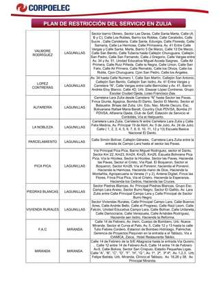 PLAN DE RESTRICCIÓN DEL SERVICIO EN ZULIA 
VALMORE 
RODRÍGUEZ LAGUNILLAS 
Sector barrio Obrero, Sector Las Daras, Calle Santa Marta, Calle (A, 
B y C), Calle Los Robles, Barrio los Robles, Calle Carabobo, Calle 
Sucre , Calle Candelaria, Calle Santa. Eduvigis, Calle Floresta, Calle 
Samaria, Calle La Hermosa, Calle Primavera, Av. 41 Entre Calle 
Vargas y Calle Santa. Marta, Barrio 5 De Marzo, Calle 12 De Marzo, 
Calle San Benito, Calle Tubería hasta Callejón Churuguara, Callejón 
San Pedro, Calle San Fernando, Calle J Gregorio, Calle Vargas entre 
Av. 34 y Av. 51, Unidad Educativa Miguel Acosta Saignes, Calle Ali 
Primera, Calle Ruiz Piñeda, Calle la Negra, Calle Union, Calle San 
Felix, Calle Ali Primera, Calle Reinaldo, Calle los Olivos, Calle los 
Roble, Cjon Churuguara, Cjon San Pedro, Calle los Ángeles. 
LOPEZ 
CONTRERAS LAGUNILLAS 
Av. 34 hasta Calle Numero 1, Calle San Martín, Callejón San Antonio, 
Callejón San Benito, Callejón San Isidro, Av. 41 Entre Vargas y 
Carretera “N”, Calle Vargas entre calle Bermúdez y Av. 41, Barrio 
Andrés Eloy Blanco, Calle 4D, Urb. Eleazar López Contreras. Grupo 
Escolar Ciudad Ojeda, Liceo Francisco Zea. 
ALFARERÍA LAGUNILLAS 
Carretera Lara Zulia desde Carretera “N” hasta Sector las Pavas, 
Finca Giunta, Agapica, Bomba El Danto, Sector El Menito, Sector el 
Balaustre. Brisas del Zulia, Uni. Edu. Nac. Monte Oscuro, Esc. 
Bolivariana Rafael Maria Baralt, Country Club PDVSA, Bomba 21 
PDVSA, Alfarería Ojeda, Club de Golf, Estación de Servicio el 
Cordobés, Vía el Helipuerto. 
LA NOBLEZA LAGUNILLAS 
Carretera Lara Zulia, Carretera N entre Carretera Lara Zulia y Calle 
Felix Medina, Av. Principal 19 de Abril, Av. 5 de Julio, Av. 24 de Julio, 
Calle ( 1, 2, 3, 4, 5, 6, 7, 8, 9, 10, 11, 12 y 13) Escuela Basica 
Nacional El Danto. 
PARCELAMIENTO LAGUNILLAS Calle Simón Bolívar, Callejón Génesis, Carretera Lara Zulia entre la 
entrada de Campo Lara hasta el sector las Pavas. 
PICA PICA LAGUNILLAS 
Vía Principal Pica Pica, Barrio Miguel Rodríguez, sector el Danto, 
Sector Km 22, Km23, Km24, Km25, Km26, Escuela Boliviana Pica 
Pica, Vía la Hicotea, Sector la Hicotea, Sector las Pavas, Hacienda 
las Pavas, Sector el Cristo, Vía Ppal. El Boqueron, Sector el 
Boqueron, Sector Km28, Vía el Porvenir, hacienda el Porvenir, 
Hacienda la Hermosa, Hacienda mano de Dios, Hacienda la 
Montañita, Agropecuaria la Veneta (1 y 2), Antena Digitel, Finca las 
Flores, Finca Pica Pica, Via el Cristro, Hacienda la Esperanza, 
Hacienda los Cedros, Hacienda las Cruces. 
PIEDRAS BLANCAS LAGUNILLAS 
Sector Piedras Blancas, Av. Principal Piedras Blancas, Grupo Esc. 
Campo Lara Anexo, Sector Burro Negro, Sector El Gallito, Av. Lara 
Zulia entre Calle Principal Campo Lara y Calle Principal de Sector 
Burro Negro. 
VIVIENDA RURALES LAGUNILLAS 
Sector Viviendas Rurales, Calle Principal Campo Lara, Calle Buenos 
Aires, Calle Andrés Bello, Calle el Progreso, Calle Raúl Leoni, Calle 
Falcón, Unidad Educativa Campo Lara, Calle Bolívar, Calle Urdaneta, 
Calle Democracia, Calle Venezuela, Calle Arístides Rodríguez, 
Hacienda san Isidro, Hacienda la Reforma. 
F.A.C MIRANDA 
Calle 14 de Febrero, Av. Irwin, Cuerpo de Bombero, Urb. Nueva 
Miranda, Sector el Curva el Pato, Av. 5, Calle 12 y 13 hasta la calle 
Tulio Febres Cordero. Estacion de Bombeo Hidrolago, Palmichal, 
Gerencia de Proyectos Pequiven en la entrada a el Tablazo, Via a 
CIAMCA, Zaica, Hotel Restaurante Takiko. 
MIRANDA MIRANDA 
Calle 14 de Febrero de la S/E Altagracia hasta la entrada Via Quisiro, 
, Calle 12 entre 14 de Febrero Av.6, Calle 14 entre 14 de Febrero 
Av.6, Calle Bolivia, Sector San Crispulo, Estadio Pequeñas Ligas, 
Calle “A”, “B”, “C”, “D”, “F”, “H”, “G·”, Av. 1ª, 2ª, 3ª 4ª, Av. 1,2,3. Urb. 
Felipe Batista, Urb. Miranda, Clínico el Tablazo, Av. 18,28 y 38, Av. 
Principal Miranda. 
 