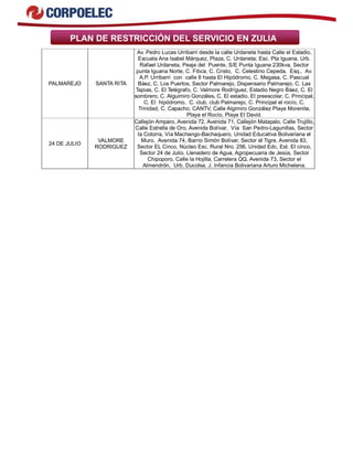 PLAN DE RESTRICCIÓN DEL SERVICIO EN ZULIA
PALMAREJO SANTA RITA
Av. Pedro Lucas Urribarri desde la calle Urdaneta hasta Calle el Estadio,
Escuela Ana Isabel Márquez, Plaza, C. Urdaneta; Esc. Pta Iguana, Urb.
Rafael Urdaneta, Peaje del Puente, S/E Punta Iguana 230kva, Sector
punta Iguana Norte, C. Fibca, C. Cristo, C. Celestino Cepeda, Esq., Av.
A.P. Urribarri con calle 8 hasta El Hipódromo, C. Megasa, C. Pascual
Báez, C. Los Puertos, Sector Palmarejo, Dispensario Palmarejo, C. Las
Tapias, C. El Telégrafo, C. Valmore Rodríguez, Estadio Negro Báez, C. El
sombrero, C. Alguimiro Gonzáles, C. El estadio, El preescolar, C. Principal,
C. El hipódromo, C. club, club Palmarejo, C. Principal el rocío, C.
Trinidad, C. Capacho, CANTV, Calle Algimiro González Playa Morenita,
Playa el Rocío, Playa El David.
24 DE JULIO
VALMORE
RODRIGUEZ
Callejón Amparo, Avenida 72, Avenida 71, Callejón Matapalo, Calle Trujillo,
Calle Estrella de Oro, Avenida Bolívar, Vía San Pedro-Lagunillas, Sector
la Cotorra, Vía Machango-Bachaquero, Unidad Educativa Bolivariana el
Muro, Avenida 74, Barrio Simón Bolívar, Sector el Tigre, Avenida 83,
Sector EL Cinco, Núcleo Esc. Rural Nro. 256, Unidad Edc. Est. El cinco,
Sector 24 de Julio, Llenadero de Agua, Agropecuaria de Jesús, Sector
Chipoporo, Calle la Hojilla, Carretera QQ, Avenida 73, Sector el
Almendrón, Urb. Ducolsa, J. Infancia Bolivariana Arturo Michelena.
 