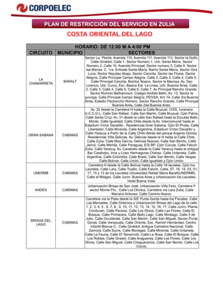 PLAN DE RESTRICCIÓN DEL SERVICIO EN ZULIA
COSTA ORIENTAL DEL LAGO
HORARIO: DE 12:00 M A 4:00 PM
CIRCUITO MUNICIPIO SECTORES
LA
CHAMARRETA
BARALT
Sector La Planta, Avenida 110, Avenida 111, Avenida 113, Sector la Golfo,
Calle Giraldot, Calle 1, Sector Numero 1, Urb. Santa María, Sector
Numero 2, Calle 10, Avenida Principal, Sector numero 3, Calle 9, Sector
las Marías, C. 1ra. Entrada Santa María, Barrio Santa María, Sector Gira
Luna, Sector Niquitao Abajo, Sector Carorita, Sector las Flores, Sector
Alegría, Calle Principal Campo Alegría, Calle 2, Calle 3, Calle 4, Calle 5,
Calle Principal Carorita, Bomba Texaco, Sector la Macoya, Av. San
Lorenzo, Urb. Curco, Esc. Basica Est. La Linea, Urb. Buenos Aires, Calle
2, Calle 3, Calle 4, Calle 5, Calle 6, Calle 7, Av Principal Rancho Grande,
Sector Romulo Bethancourt, Colegio Andrés Bello, Av. 13, Sector la
jurunga, Calle Principal Campo Alegría, PDVSA, Km 14, Calle 3ra Buenos
Aires, Estadio Pachencho Romero, Sector Rancho Grande, Calle Principal
Buenos Aires, Calle 2da Buenos Aires.
GRAN SABANA CABIMAS
Av. 32 desde la Carretera H hasta la Calle Bruzual, IVSS, funeraria
U.C.C.O.L, Calle San Rafael, Calle San Martín, Calle Bruzual, Cjón Patria,
Calle Santa Cruz, Av. 31 desde la calle San Rafael hasta la Escuela Bello
Monte, Calle Igualdad, Calle Chile desde la Av. Intercomunal hasta el
Estadium Víctor Davalillo , Residencias Gran Sabana, Cjón El Pirata, Calle
Libertador, Calle Miranda, Calle Argentina, Estadium Víctor Davalillo y
Calle Yaracuy a Partir de la Calle Chile detrás del parque Argenis Gómez.
Residencias Villa Delicias, Av. Delicias desde la H hasta la Calle Chile,
Calle Zulia, Calle Max García, Delicias Nuevas, Calle San Benito, Calle
Jericó, Calle Mérida, Calle Paraguay, E/S BP, Cjón Cúcuta, Calle Falcón
Zulia, Calle Yaracuy, Av. Carabobo desde la Calle Yaracuy hasta el antiguo
Bar Carabobo, Ince y Liceo Hermagoras Chávez. Calle Urdaneta, Calle
Argentina, Calle Colombia, Calle Brasil, Calle San Benito, Calle Vargas,
Calle Bolívar, Calle Unión, Calle Igualdad y Cjón Unión.
UNERMB CABIMAS
Carretera H desde la Calle Bolívar hasta la Calle 18 laureles, Cjón los
Laureles, Calle Lara, Calle Trujillo, Calle Falcón, Calle, 07, 18, 14, 03, 01,
17, 15 y 13 de los Laureles Universidad Rafael Maria Baralt(UNERMB),
Calle el Milagro, Calle Junín, Buenos Aires y Urbanización los Laureles,
Hotel Buena Vista.
ANDES CABIMAS
Urbanización Brisas de San José, Urbanización Villa Feliz, Carretera F
sector Monte Pío, Calle Los Olivitos, Carretera vía Lara Zulia, Calle
Mariano Antunez, Calle Camino Nuevo.
BRISAS DEL
LAGO
CABIMAS
Carretera vía la Plata desde la S/E Punta Gorda hasta los Fiscales, Calle
Las Mercedes, Calle Sideroca y Urbanización Brisas del Lago de la calle
1, 2, 3, 4, 5 , 6, 7, 8 , 9, 10, 11, 12, 13, 14, 15, 16, 17, Calle Junín, Planta
Conduven, Calle Paraíso, Calle Los Olivos, Calle Las Flores, Calle El
Bosque, Calle Primavera, Calle Bello Lago, Calle Miralago, Calle 5 de
Julio, Calle Occidental, Calle San Martín, Calle San Miguel, Sector Punta
Gorda, Calle Venezuela, Calle Oriente, Esc. Ramón Hernández, Centro
Infantil Blanca C., Calle Giraldot. Antigua Carretera Nacional, Calle
Zamora, Calle Sucre, Calle Monagas, Calle Miranda, Calle Urdaneta,
Calle La Fauna, Calle El Tamarindo, Calle La Rosa, Calle El Bosque, Calle
Los Robles, Calle Girasol, Calle Araguaney, Calle Las Flores, Calle Los
Olivos, Calle San Miguel, Calle Chaguaramos, Calle San Benito, Calle Los
Cocos.
 
