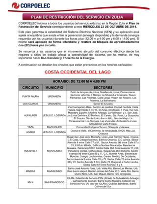 PLAN DE RESTRICCIÓN DEL SERVICIO EN ZULIA 
CORPOELEC informa a todos los usuarios del servicio eléctrico en la Región Zulia el Plan de 
Restricción del Servicio correspondiente a este MIÉRCOLES 22 DE OCTUBRE DE 2014. 
Este plan garantiza la estabilidad del Sistema Eléctrico Nacional (SEN) y su aplicación está 
sujeta al equilibrio que exista entre la generación (energía disponible) y la demanda (energía 
requerida por los usuarios) durante las horas pico (12:00 m a 4:00 pm y 6:00 a 11:00 pm). El 
mismo será aplicado de forma interdiaria y rotativa en bloques de aproximadamente 
dos (02) horas por circuito. 
Se recuerda a los usuarios que el incremento abrupto del consumo eléctrico desde los 
hogares o sitios de trabajo afecta la operatividad del sistema, por tal motivo, es muy 
importante hacer Uso Racional y Eficiente de la Energía. 
A continuación se detallan los circuitos que están prevenidos en los horarios señalados: 
COSTA OCCIDENTAL DEL LAGO 
HORARIO: DE 12:00 M A 4:00 PM 
CIRCUITO MUNICIPIO SECTORES 
PUNTA PALMA URDANETA 
Patio de tanques de pdvsa, Muelles de pdvsa, Camaroneras, 
Sectores: arbol las 3 Raices, La Silvera La Ensenada, Nuevo 
Palmarejo, Las Piedritas, Calle Larga, Virgen del Rosario, Los 
Potreros, La Bolivariana. 
LOS CLAROS URDANETA Sector El Crucero 
ALFALAGO JESUS E. LOSSADA 
Vía Concepción-Mara. Sector Las Javillas, Ciudad Perdida, Caña 
Fresca, Marimonda I, II y III, El Aviso, El Chivato, 4 Vías, Viá Tulé, 
Matadero Zupollo, Alfareria Alfalago, La Valerosa I y II, San José, 
Los Lirios De Mara, El Muñeco, El Careto, Sta. Rosa, La Guayabita, 
El Suspiro, San Antonio, Ancon Alto, 1ero de Mayo, La 
Perseverancia, Los Tanques, Las Viviendas. Ambulatorio 4 vías, 
Ambulatorio Caña Fresca. 
YAZA MACHIQUES Comunidad Indígena Tocuco, Sherepta y Marewa. 
AGADU JESUS E. LOSSADA Granja el Valle, el Camimito, la inmaculada, Km25, Hda JJJ, 
Criazuca 
ROOSVELT MARACAIBO 
Hogar San José de la Montaña, Liceo José Ramón Yépez, Imgeve, 
C.C Cada, Colegio Maristas, Edificio Orsanca, C.C Landia, Sector 
Avenida 8 entre Calle 77 y 81, Sector Avenida 9B entre Calle 87 y 
78, Edificio Mérida, Edificio Nuclear Maracaibo, Residencia 
Guasare, Rectorado URU. Sector Calle 86A Entre Avenida 11 y 9B, 
Panadería Veritas, Edificio Dica, Residencia Don Heberto, Sector 
Avenida 9B entre Calle 85 y 77, C.C. Buenos Aires, Electroauto 
Monche, Colegio Los Maristas, Centro Medico De Occidente, 
Sector Avenida 8 entre Calle 76 y 73, Sector Calle 76 entre Avenida 
9B y 3Y, Sector Avenida 8 Con Calle 73, Diagonal a Radio Landia, 
Sector Calle 87 Entre Avenida 8 y 4. 
MARIAS MARACAIBO 
Barrio José Antonio Páez, Urb. Valle Alto, Barrio Las Marías, Urb. 
Raúl Leoni etapa I, Barrio Lomitas del Zulia, C.C. Valle Alto, Barrio 
Divino Niño, Urb. San Miguel, Barrio 1ero de Agosto. 
KM 4 SAN FRANCISCO 
ICLAM, Estación de Servicio PDV (Al lado de Subestación Arreaga) 
, Campamento Enelven, Barrio Sierra Maestra, Estación de 
Servicios PDV (Al lado del ICLAM), Club las Banderas, Barrio 
Colinas del Sur. 
 