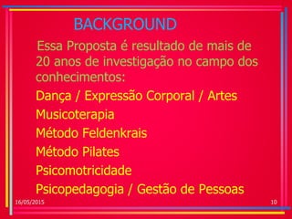 BACKGROUND
Essa Proposta é resultado de mais de
20 anos de investigação no campo dos
conhecimentos:
Dança / Expressão Corporal / Artes
Musicoterapia
Método Feldenkrais
Método Pilates
Psicomotricidade
Psicopedagogia / Gestão de Pessoas
16/05/2015 10
 