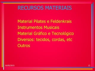 RECURSOS MATERIAIS
Material Pilates e Feldenkrais
Instrumentos Musicais
Material Gráfico e Tecnológico
Diversos: tecidos, cordas, etc
Outros
16/05/2015 13
 
