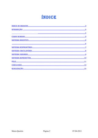 ÍNdiCe
ÍNdiCe de iMAGeNS.......................................................................................................................3
iNtROdUçãO .................................................................................................................................4
                                                     ..................................................................................................4
CORPO HUMANO..............................................................................................................................5
SiSteMA diGeStivO......................................................................................................................6
........................................................................................................................................................6
SiSteMA ReSPiRAtÓRiO...............................................................................................................7
SiSteMA CiRCULAtÓRiO...............................................................................................................8
SiSteMA URiNÁRiO........................................................................................................................9
SiSteMA RePROdUtOR...............................................................................................................10
PeLe..............................................................................................................................................11
CONCLUSãO..................................................................................................................................13
ReALiZAçãO:..............................................................................................................................14




Maria Queirós                                                   Página 2                                                    07-04-2011
 