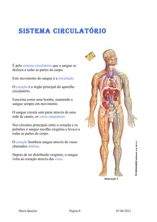 SiSteMA CiRCULAtÓRiO



É pelo sistema circulatório que o sangue se
desloca a todas as partes do corpo.

Este movimento do sangue é a circulação.

O coração é o órgão principal do aparelho
circulatório.

Funciona como uma bomba, mantendo o
sangue sempre em movimento.

O sangue circula sem parar através de uma
rede de canais, os vasos sanguíneos

Nos circuitos principais entre o coração e os
pulmões o sangue recolhe oxigénio e leva-o a
todas as partes do corpo.

O coração bombeia sangue através de vasos
chamados artérias.

Depois de ter distribuído oxigénio, o sangue
volta ao coração através das veias.




                                                 Ilustração 5




    Maria Queirós                     Página 8             07-04-2011
 