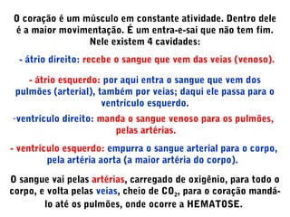 O coração é um músculo em constante atividade. Dentro dele
é a maior movimentação. É um entra-e-sai que não tem fim.
Nele existem 4 cavidades:
- átrio direito: recebe o sangue que vem das veias (venoso).
- átrio esquerdo: por aqui entra o sangue que vem dos
pulmões (arterial), também por veias; daqui ele passa para o
ventrículo esquerdo.
-ventrículo direito: manda o sangue venoso para os pulmões,
pelas artérias.
- ventrículo esquerdo: empurra o sangue arterial para o corpo,
pela artéria aorta (a maior artéria do corpo).
O sangue vai pelas artérias, carregado de oxigênio, para todo o
corpo, e volta pelas veias, cheio de CO2, para o coração mandá-
lo até os pulmões, onde ocorre a HEMATOSE.
 