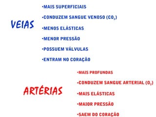 VEIAS
•MAIS SUPERFICIAIS
•CONDUZEM SANGUE VENOSO (CO2)
•MENOS ELÁSTICAS
•MENOR PRESSÃO
•POSSUEM VÁLVULAS
•ENTRAM NO CORAÇÃO
ARTÉRIAS
•MAIS PROFUNDAS
•CONDUZEM SANGUE ARTERIAL (O2)
•MAIS ELÁSTICAS
•MAIOR PRESSÃO
•SAEM DO CORAÇÃO
 