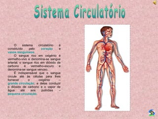 O sistema circulatório é
constituído pelo coração e
vasos sanguíneos.
O sangue rico em oxigénio é
vermelho-vivo e denomina-se sangue
arterial; o sangue rico em dióxido de
carbono é vermelho-escuro e
denomina-se sangue venoso.
É indispensável que o sangue
circule até às células para lhes
fornecer o oxigénio –
grande circulação; e delas conduzir
o dióxido de carbono e o vapor de
água até aos pulmões –
pequena circulação.
 