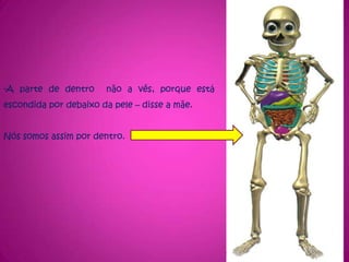 A parte de dentro  não a vês, porque está escondida por debaixo da pele – disse a mãe.Nós somos assim por dentro.