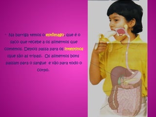 - Na barriga temos o estômago, que é o
saco que recebe a os alimentos que
comemos. Depois passa para os intestinos
(que são as tripas). Os alimentos bons
passam para o sangue e vão para todo o
corpo.
 