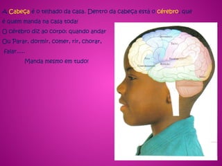 A Cabeça é o telhado da casa. Dentro da cabeça está o cérebro, que
é quem manda na casa toda!
O cérebro diz ao corpo: quando andar
Ou Parar, dormir, comer, rir, chorar,
falar.....
Manda mesmo em tudo!
 