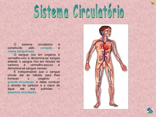 Sistema Circulatório O sistema circulatório é constituído pelo  coração  e  vasos sanguíneos . O sangue rico em oxigénio é vermelho-vivo e denomina-se sangue arterial; o sangue rico em dióxido de carbono é vermelho-escuro e denomina-se sangue venoso. É indispensável que o sangue circule até às células para lhes fornecer o oxigénio –  grande circulação ; e delas conduzir o dióxido de carbono e o vapor de água até aos pulmões –  pequena circulação . 