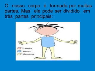 O  nosso  corpo  é  formado por muitas partes. Mas  ele pode ser dividido  em  três  partes  principais: 