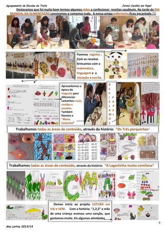 Agrupamento de Escolas da Trofa

Jornal Jardins em Papel

Destacamos que foi muito bom termos algumas mães a confecionar receitas saudáveis. Na tarde do DIA
MUNDIAL DA ALIMENTAÇÂO convivemos e comemos tudo. A nossa amiga enfermeira ficou encantada.!

Fizemos registos .
Com as receitas
brincamos com a
matemática,
linguagem e a
iniciação à escrita.
Aproveitamos a
época do
magusto para
diferenciar
castanhas cruas,
cozidas e
assadas.
Também
fizemos a
“Maria
Castanha”

R
E
C
I P
C A
L P
A E
M L
O
S

Trabalhamos todas as áreas de conteúdo, através da história: “Os Três porquinhos”

Trabalhamos todas as áreas de conteúdo, através da história: “A Lagartinha muito comilona”

Demos início ao projeto LEITURA em
VAI e VEM. Com a história: “1,2,3” a mãe
de uma criança ensinou uma canção, que
gostamos muito. Eis algumas atividades
Ano Letivo 2013/14

9

 