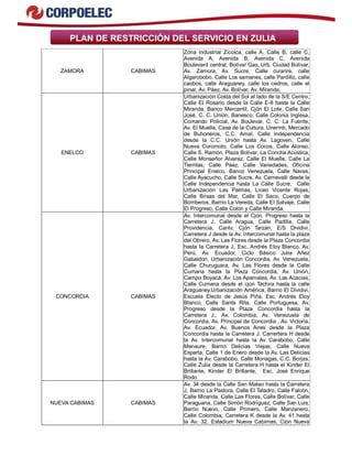 PLAN DE RESTRICCIÓN DEL SERVICIO EN ZULIA 
ZAMORA CABIMAS 
Zona Industrial Zicolca, calle A, Calle B, calle C, 
Avenida A, Avenida B, Avenida C, Avenida 
Boulevard central, Bolívar Gas, Urb. Ciudad Bolívar, 
Av. Zamora, Av. Sucre, Calle curarire, calle 
Algarobobo, Calle Los samanes, calle Pardillo, calle 
caobos, calle Araguaney, calle los cedros, calle el 
pinar, Av. Páez, Av. Bolívar, Av. Miranda. 
ENELCO CABIMAS 
Urbanización Costa del Sol al lado de la S/E Centro, 
Calle El Rosario desde la Calle E-8 hasta la Calle 
Miranda, Banco Mercantil, Cjón El Lote, Calle San 
José, C. C. Unión, Banesco, Calle Colonia Inglesa, 
Comando Policial, Av. Boulevar, C. C. La Fuente, 
Av. El Muelle, Casa de la Cultura, Unermb, Mercado 
de Buhoneros, C.C. Amal, Calle Independencia 
desde la C.C. Unión hasta Av. Lagoven, Calle 
Nueva Coromoto, Calle Los Cocos, Calle Alonso, 
Calle S. Ramón, Plaza Bolívar, La Concha Acústica, 
Calle Monseñor Álvarez, Calle El Muelle, Calle La 
Tierritas, Calle Páez, Calle Variedades, Oficina 
Principal Enelco, Banco Venezuela, Calle Navas, 
Calle Ayacucho, Calle Sucre, Av. Carnevalli desde la 
Calle Independencia hasta La Calle Sucre, Calle 
Urbanización Las Palmas, Liceo Vicente Rojas, 
Calle Brisas del Mar, Calle El Saco, Cuerpo de 
Bomberos, Barrio La Vereda, Calle El Salvaje, Calle 
El Progreso, Calle Colon y Calle Miranda. 
CONCORDIA CABIMAS 
Av. Intercomunal desde el Cjón. Progreso hasta la 
Carretera J, Calle Aragua, Calle Padilla, Calle 
Providencia, Cantv, Cjón Tarzán, E/S Dividivi, 
Carretera J desde la Av. Intercomunal hasta la plaza 
del Obrero, Av. Las Flores desde la Plaza Concordia 
hasta la Carretera J, Esc. Andrés Eloy Blanco, Av. 
Perú, Av. Ecuador, Ciclo Básico Julia Añez 
Gabaldon, Urbanización Concordia, Av. Venezuela, 
Calle Churuguara, Av. Las Flores desde la Calle 
Cumana hasta la Plaza Concordia, Av. Unión, 
Campo Boyacá, Av. Los Apamates, Av. Las Acacias, 
Calle Cumana desde el cjon Tachira hasta la calle 
Araguaney,Urbanización América, Barrio El Dividivi, 
Escuela Electo de Jesús Piña, Esc. Andrés Eloy 
Blanco, Calle Santa Rita, Calle Portuguesa, Av. 
Progreso desde la Plaza Concordia hasta la 
Carretera J., Av. Colombia, Av. Venezuela de 
Concordia, Av. Principal de Concordia , Av. Victoria, 
Av. Ecuador, Av. Buenos Aires desde la Plaza 
Concordia hasta la Carretera J. Carrertera H desde 
la Av. Intercomunal hasta la Av Carabobo, Calle 
Manaure, Barrio Delicias Viejas, Calle Nueva 
Esparta, Calle 1 de Enero desde la Av. Las Delicias 
hasta la Av. Carabobo, Calle Monagas, C.C. Borjas, 
Calle Zulia desde la Carretera H hasta el Kinder El 
Brillante, Kinder El Brillante, Esc. José Enrique 
Rodo. 
NUEVA CABIMAS CABIMAS 
Av. 34 desde la Calle San Mateo hasta la Carretera 
J, Barrio La Pastora, Calle El Taladro, Calle Falcón, 
Calle Miranda, Calle Las Flores, Calle Bolívar, Calle 
Paraguana, Calle Simón Rodríguez, Calle San Luis, 
Barrio Nuevo, Calle Primero, Calle Manzanero, 
Calle Colombia, Carretera K desde la Av. 41 hasta 
la Av. 32, Estadium Nueva Cabimas, Cjón Nueva 
 